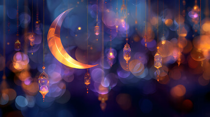 Golden crescent moon and ornate lanterns hanging against a bokeh background of purple and orange lights