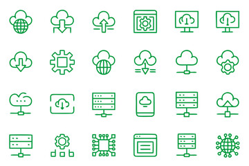 Collection of modern line art symbols representing various aspects of information technology and digital communication presented in a clean contemporary style