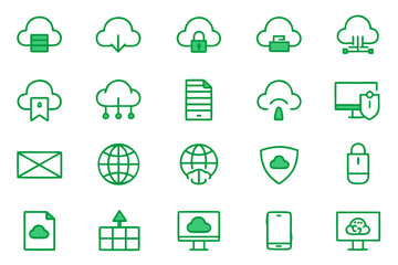 Comprehensive collection of modern line art symbols representing various aspects of information technology and digital communication presented in a clean and professional style