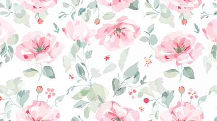  Watercolor pastel pink, lilac, and mint green flowers and leaves on a white background, Flower seamless pattern. Watercolor print in rustic vintage style, textile or wallpapers.