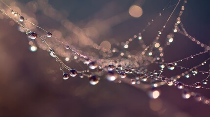A detailed shot of dew drops on a spiderweb, showcasing the delicate beauty of nature