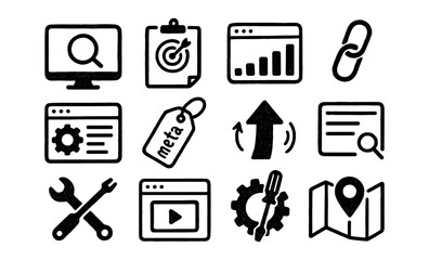 Set of hand-drawn style icons for digital marketing and seo