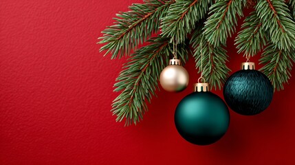Wall Mural - red background with three green and gold christmas ornaments hanging from a tree branch. the scene i