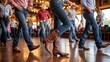 © Design Store - A group of people wearing cowboy boots and jeans line dancing in a rustic wooden hall with warm lighting