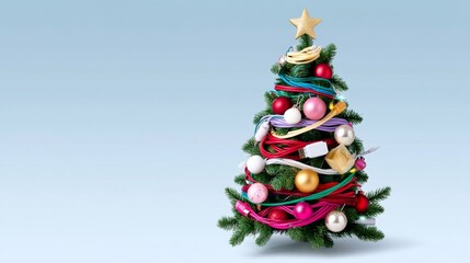 Wall Mural - christmas tree with many colorful ornaments and a star on top. the tree is decorated with wires and 