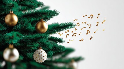 Wall Mural - christmas tree with gold and white ornaments and a gold ball with a star on it. the tree is surround