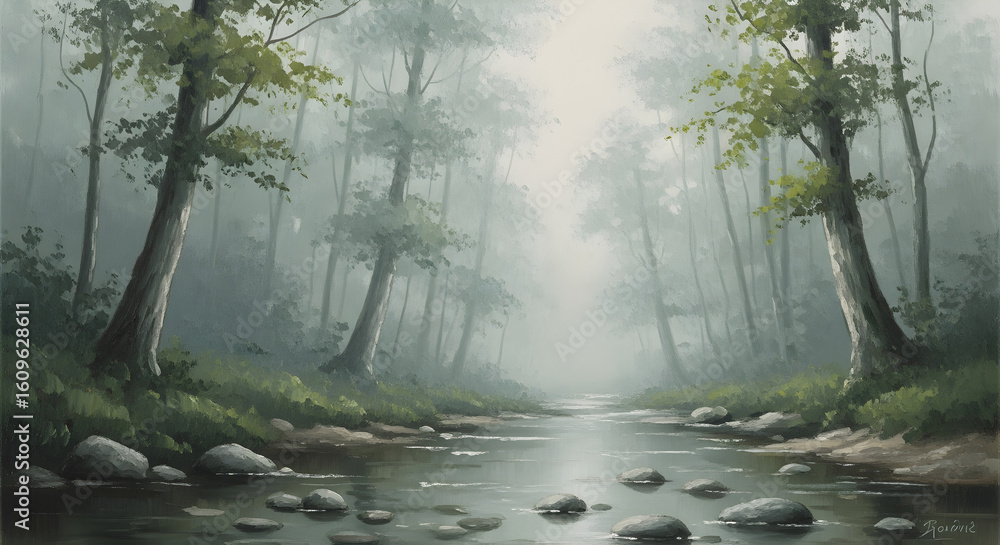 Misty Forest River Landscape with Rocks and Trees Painting. Stock Photo ...