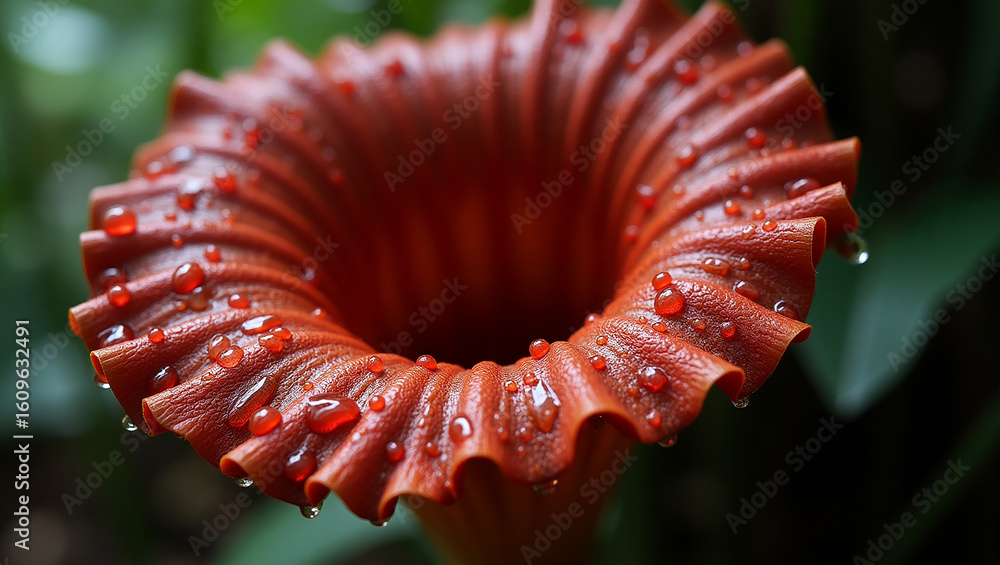 Stock-Foto „Macro photo of an exotic red bell-shaped flower covered in ...