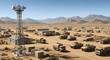 © SnapSpark Studios - Military base in the desert with communication tower trucks and armored vehicles for defense strategy and national security operations under a clear blue sky