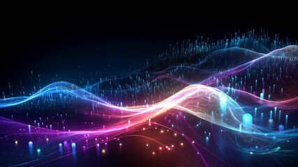 Wall Mural - dynamic, colorful digital waves and particles in a futuristic style. captured from a low angle, perf