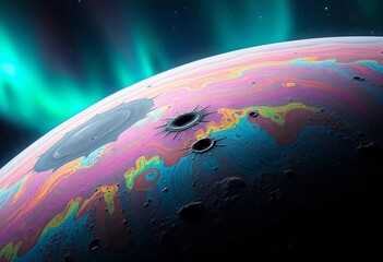 iridescent aurora borealis illuminates colorful craters on mercury's surface; stars twinkle in the v