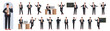 © Flash Vector - Young male teacher showing different poses and gestures set vector illustration. Cartoon man in suit holding pointer and globe, guy explaining on lecture in front, side and back view isolated on white