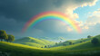 © Ilhamm - Idyllic landscape with a colorful rainbow arching over sunlit green hills under a dramatic sky