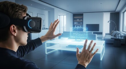 Wall Mural - man wearing a virtual reality headset interacting with an augmented reality user interface in a mode