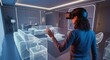 © dreamdes - Woman designs virtual interior using VR headset. Augmented reality home decor for digital planning. Future innovations.