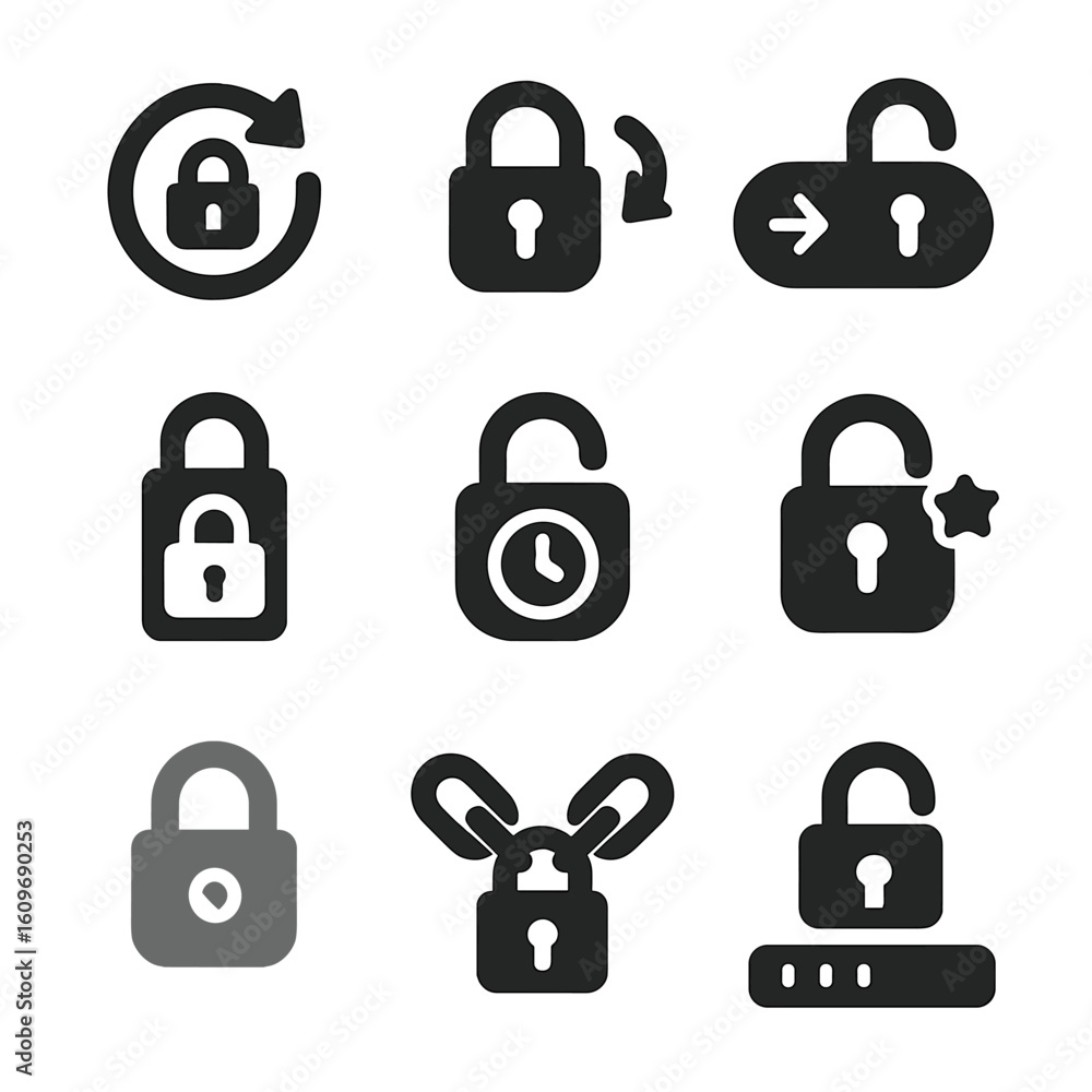 Lock State Icons. Solid style icons of lock states and actions: lock ...