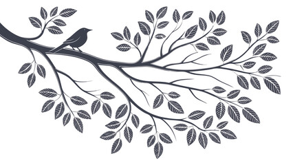 a lone bird perches on a stylized tree branch