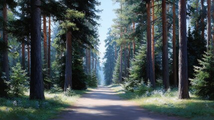 Wall Mural - path through a forest with trees on either side. the path is surrounded by trees and the sky is clea