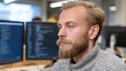 Focused Software Engineer: A determined software engineer with a full beard intently focuses on his computer screens. A glimpse into the world of tech, innovation, and precision.