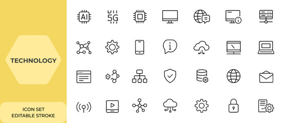 Wall Mural - web and mobile app technology icons set in line style: ai, 5g, chip, computer, communication, data c