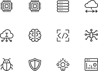 collection of technology and computer science icons in a grid layout