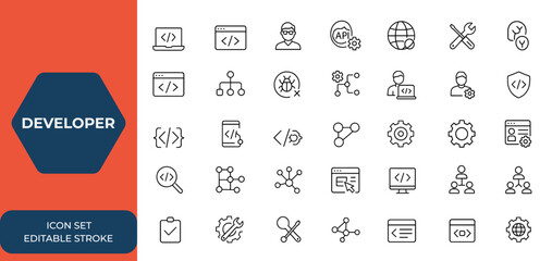 Wall Mural - developer icons set for web and mobile apps in line style. coding, programmer, api, web development,