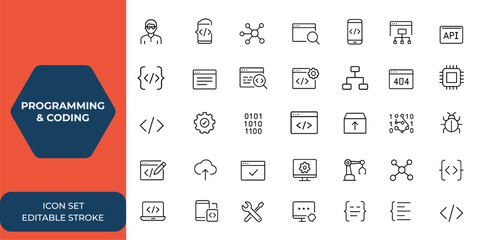 Wall Mural - line style web icons set for programming and coding. developer, coder, api, software development, in