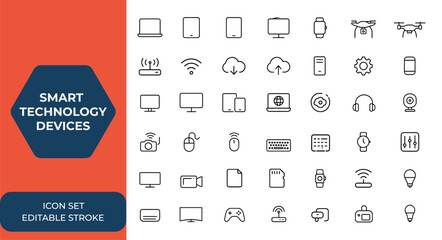 Smart technology devices line icon set for mobile app and web. Electronic gadgets, laptop, tablet, smartphone, computer monitor, drone vector illustration, tech icons, digital gear and more.
