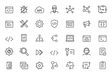 developer icon set for web and mobile apps in thin line style. coding, bug fix, api, programmer, nod