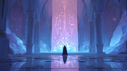Wall Mural - A robed figure standing before a giant luminous scroll in a celestial hall