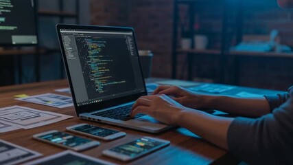 Coding at Night: Developer Typing on Laptop Creating Software UI Design.