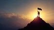 © Johannes - business, success, leadership, achievement and people concept - silhouette of businessman with flag on mountain top over sky and sun light background, no logos, no brands