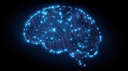Wall Mural - Blue digital brain circuitry with glowing points against a black background, side view