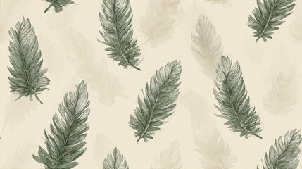  Painterly feathers in sage green on cream backdrop for surface design with copy space