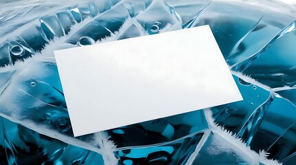 a blank white business card placed on transparent cracked glacier ice, frozen air bubbles visible in