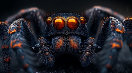 Macro photo of a detailed jumping spider with intense red eyes close up view