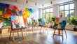 © Cintia - Bright art studio with colorful abstract paintings and paint splattered wooden floor
