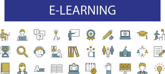  E Learning Icons Set Blue Background e-learning education