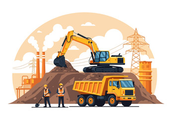 Wall Mural - Adobe illustrator flat style illustration of a large coal mining operation with an excavator loading coal into a dump truck, and a factory in the background. Ideal for heavy industry and mining themes
