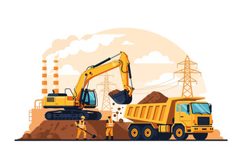 Wall Mural - Adobe illustrator flat style illustration of a large coal mining operation with an excavator loading coal into a dump truck, and a factory in the background. Ideal for heavy industry and mining themes