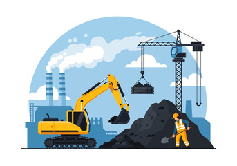 Wall Mural - Adobe illustrator flat style illustration of a coal mining site with an excavator loading coal, a worker shoveling, a crane lifting, and a factory with smoking chimneys. Ideal for heavy industry theme
