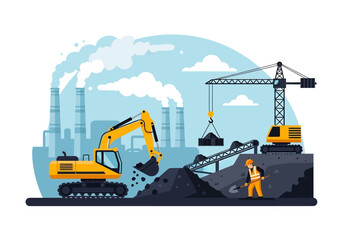 Wall Mural - Adobe illustrator flat style illustration of a coal mining site with an excavator loading coal, a worker shoveling, a crane lifting, and a factory with smoking chimneys. Ideal for heavy industry theme