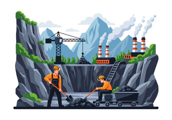 Wall Mural - Adobe illustrator flat style illustration of a massive coal mining operation with an excavator, dump truck, a worker, and a factory with smokestacks. Ideal for heavy industry mining  themes