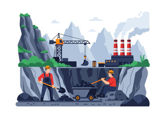 Wall Mural - Adobe illustrator flat style illustration of a massive coal mining operation with an excavator, dump truck, a worker, and a factory with smokestacks. Ideal for heavy industry mining  themes
