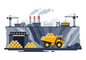 Wall Mural - Adobe illustrator flat style illustration of a massive gold mine with an excavator, dump truck, large cave entrance, and factory buildings with smokestacks. Ideal for industrial mining