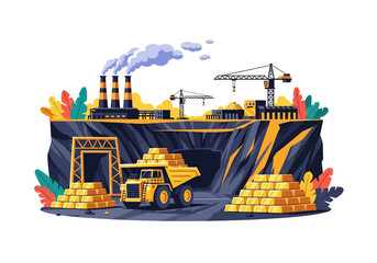 Wall Mural - Adobe illustrator flat style illustration of a massive gold mine with an excavator, dump truck, large cave entrance, and factory buildings with smokestacks. Ideal for industrial mining