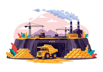 Wall Mural - Adobe illustrator flat style illustration of a massive gold mine with an excavator, dump truck, large cave entrance, and factory buildings with smokestacks. Ideal for industrial mining