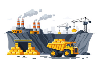 Wall Mural - Adobe illustrator flat style illustration of a massive gold mine with an excavator, dump truck, large cave entrance, and factory buildings with smokestacks. Ideal for industrial mining