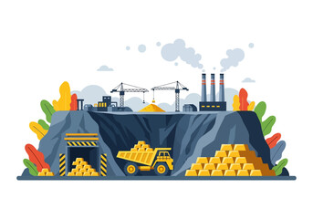 Wall Mural - Adobe illustrator flat style illustration of a massive gold mine with an excavator, dump truck, large cave entrance, and factory buildings with smokestacks. Ideal for industrial mining