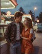 © Ilya - Caucasian young couple in retro fashion at diner at dusk with classic cars in background